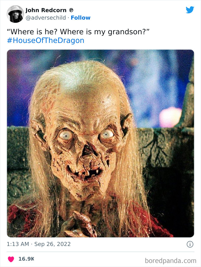 Creepy figure with long hair humorously questioned in a tweet, related to House Of The Dragon memes.