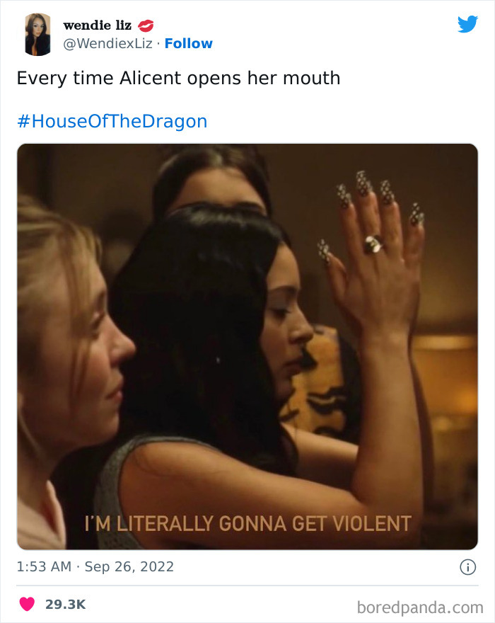 A woman showing frustration with caption joking about House of the Dragon, humorous reaction.