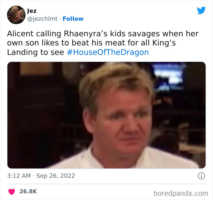 Meme featuring a man in a white shirt with text about Alicent, Rhaenyra, and a humorous take on "House of the Dragon."