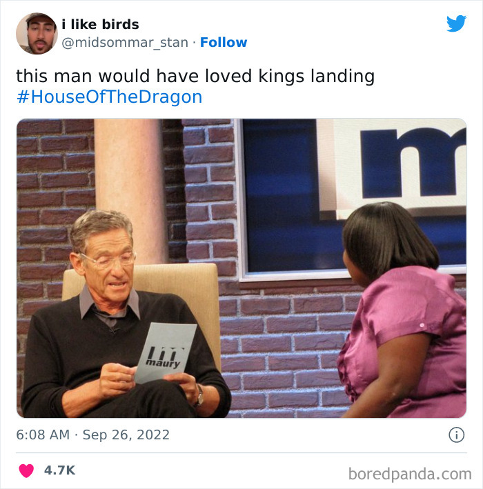 Man holding a paper on a talk show set, with a caption referencing King's Landing. Hashtag: HouseOfTheDragon.