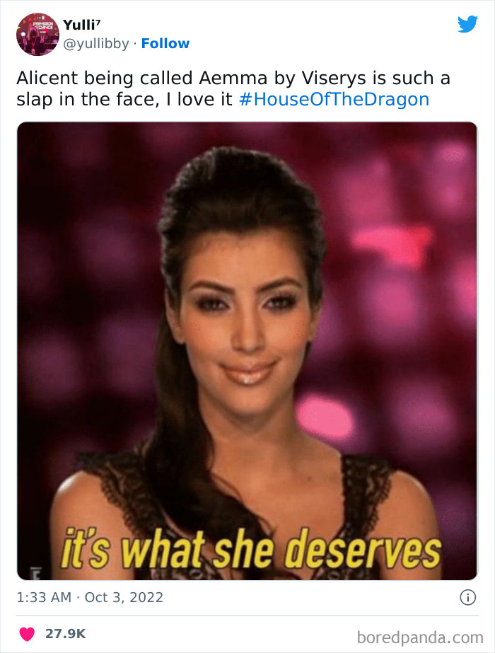 Woman smirking with text overlay, "it's what she deserves," referencing a House Of The Dragon meme.