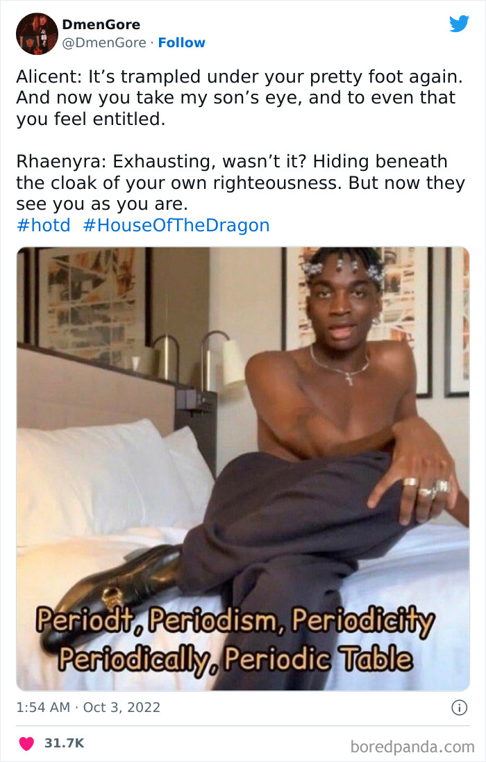 Person sitting on a bed humorously reacting to a scene from House of the Dragon. Text overlay: "Periodt, Periodism, Periodicity."