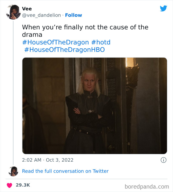 Character from House of the Dragon meme with a smug expression, arms crossed, captioned about drama.