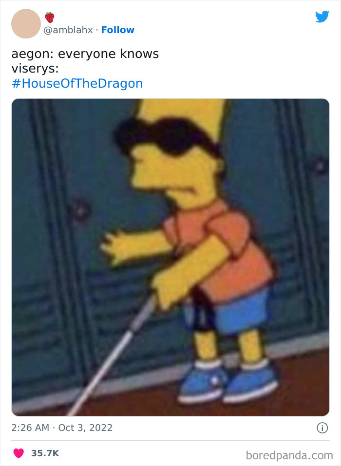 Cartoon character in sunglasses holding a cane, referencing a House of the Dragon meme.