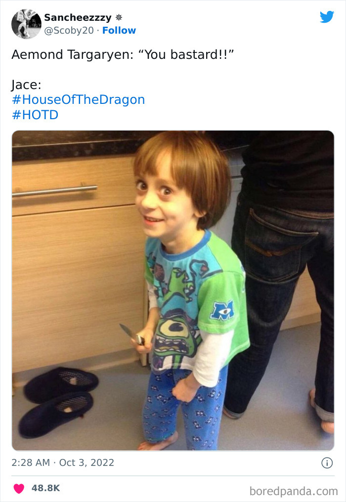 Child holding a small knife, smiling mischievously, with text referencing "House Of The Dragon" meme.