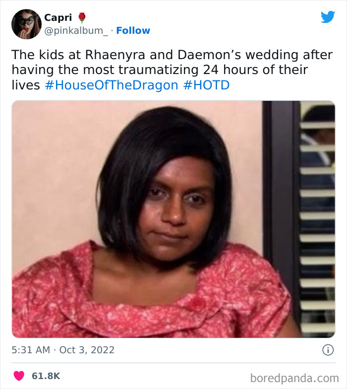 Woman in a pink dress looking unimpressed, with caption referencing a "House of the Dragon" wedding.