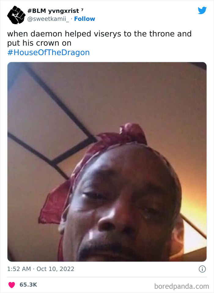 Person reacting humorously with teary eyes, captioned about a touching scene in House of the Dragon.
