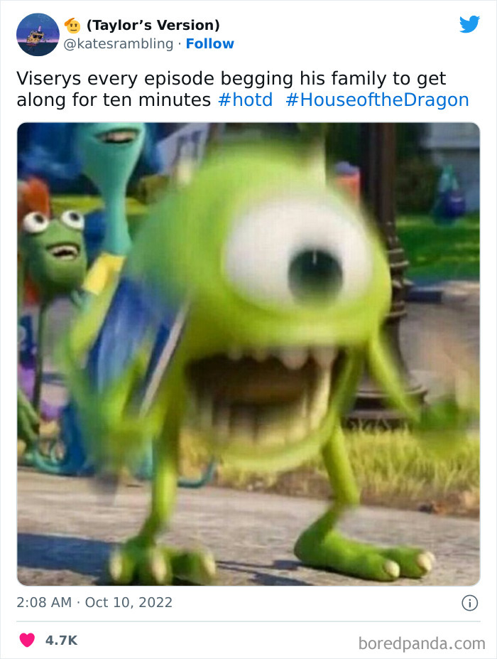 A green animated character is yelling with wide open mouth, humorously depicting a House of the Dragon meme.