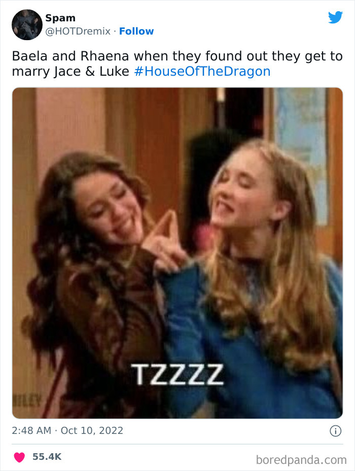 Two girls smiling and pointing, with a caption about Baela and Rhaena marrying in House of the Dragon memes.