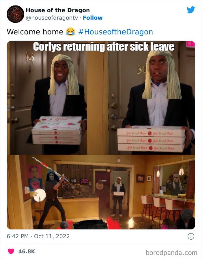 "Humorous House of the Dragon meme showing a character returning with pizza boxes, referencing a popular sitcom scene."