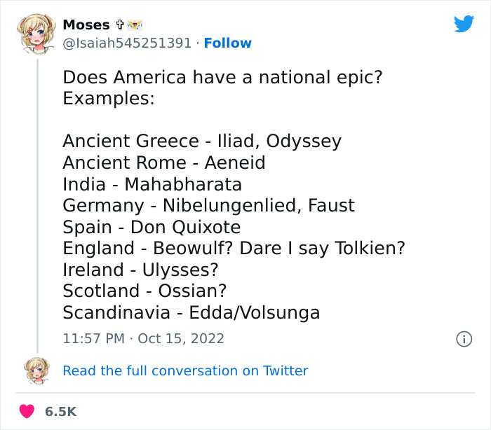Users Online Are Cracking Up At These 20 Answers After Someone Asked If America Has A “National Epic” Users Online Are Cracking Up At These 20 Answers After Someone Asked If America Has A “National Epic”
