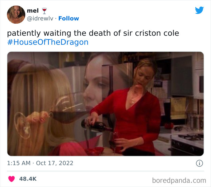 Woman pouring wine and waiting, with caption about "House Of The Dragon" character.