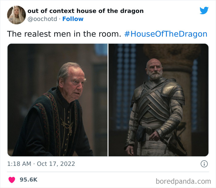 Two characters from House of the Dragon in medieval attire, standing in a dimly lit room.