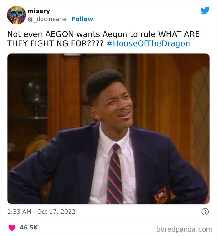 Will Smith in a confused pose, reacting humorously to House Of The Dragon meme about Aegon.
