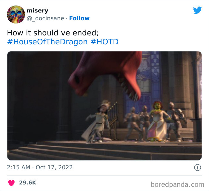 Animated dragon chasing characters, referencing House Of The Dragon meme.