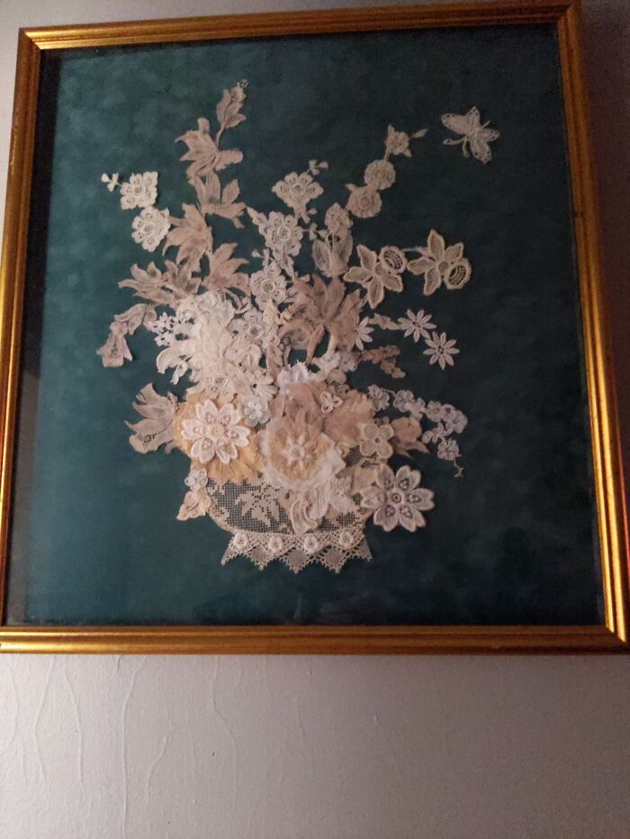 This Unique Framed Vintage Lace Design I Found At The Goodwill. It Has A Handwritten Note On The Back Telling About The Lady The Lace Piece's Came From