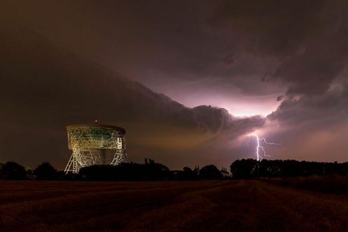 Landscapes At Night Winner: Melvin Nicholson, 'Lightning Storm Over Jodrell Bank'