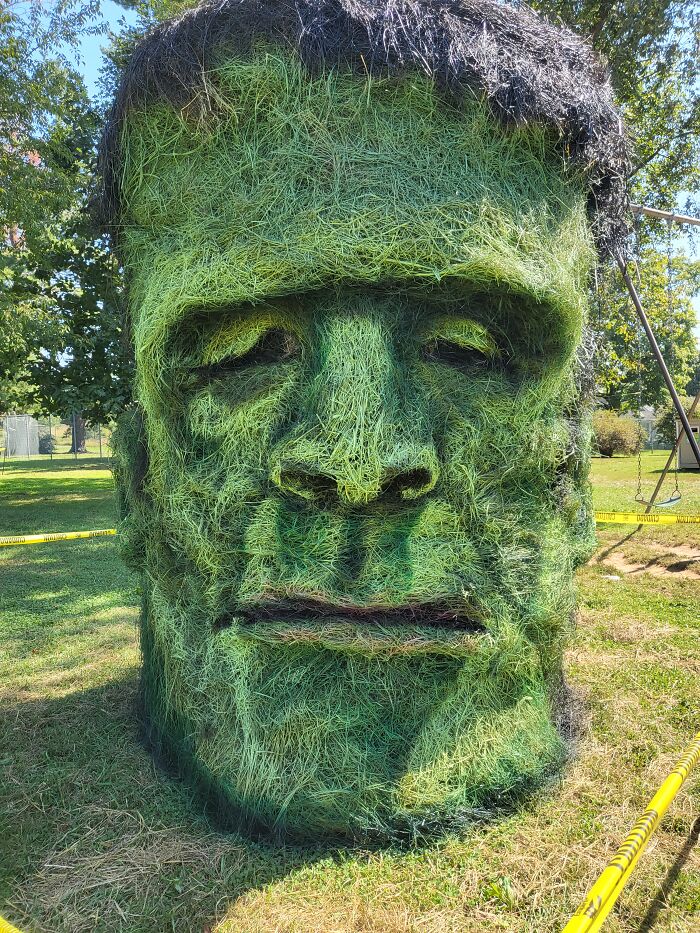 I Made Frankenstein's Monster Out Of Two Stacked, Round Hay Bales