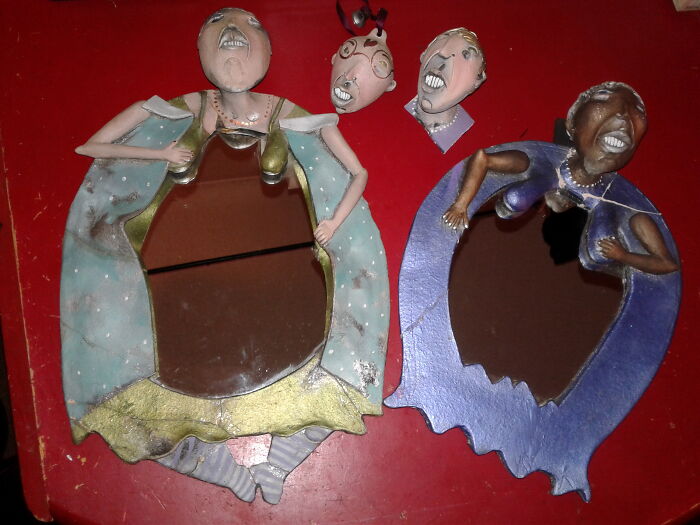 My Unique Mirrors By Margie Mickliechuk - Each Mirror Is Modeled After A Real Person! (Left To Right Is Ruby, Simon, Edgar & Bella Who Just Got Broken In The Taking Of This Photo!)