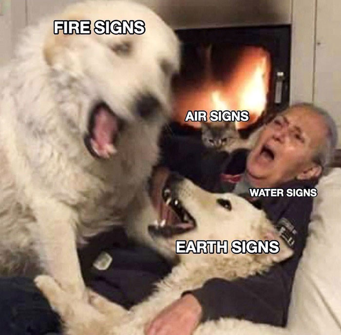 Fire, air, water and earth signs in one picture meme