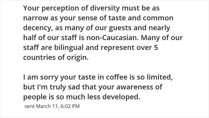 Folks Online Applaud This Café Owner For Writing A Savage Reply To A Review Complaining About Not Being Allowed To Sit With A Cup Of Starbucks