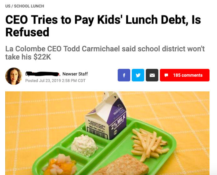 Pennsylvania School District Turns Down Local Businessman's Offer To Pay Off Student Lunch Debts After Sending Threatening Letters To Parents