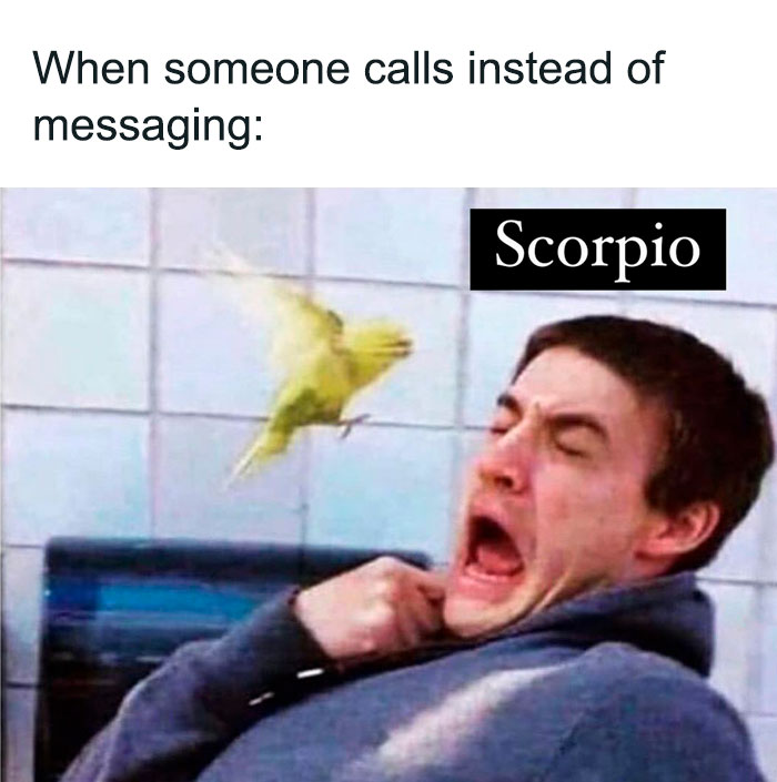 Scorpio when someone calls instead of messaging meme