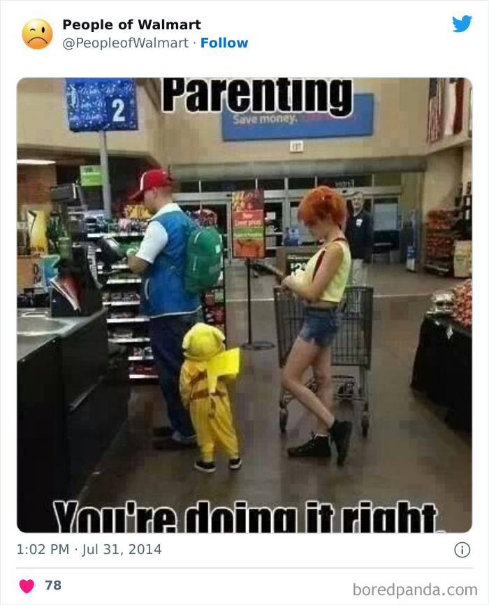 Parent wearing pokemon outfits in store