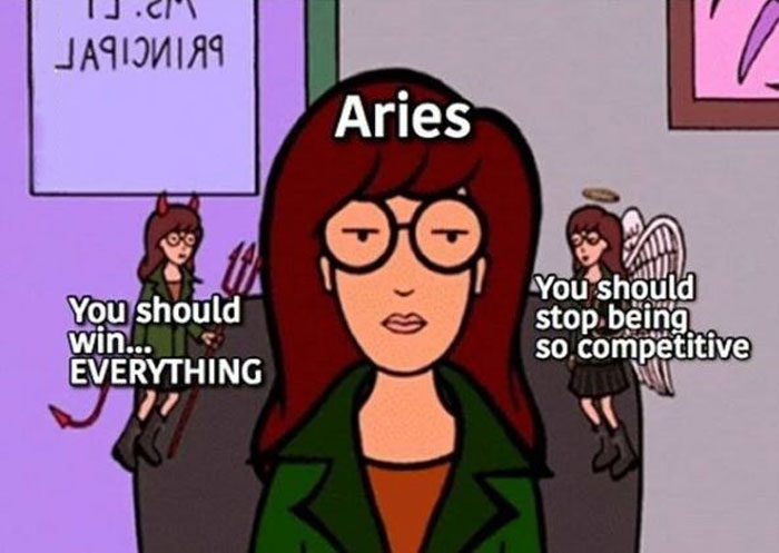 Angel and Devil talking to Aries meme