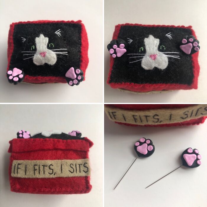 A Cat Pin Cushion With Polymer Clay Paw Pins - A New Design In My Shop (Fb/Instagram: @madeknownloved )