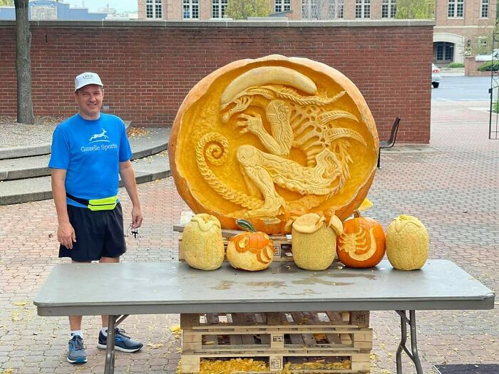 My Dad Next To A Pumpkin Carved At A Competition In My Town