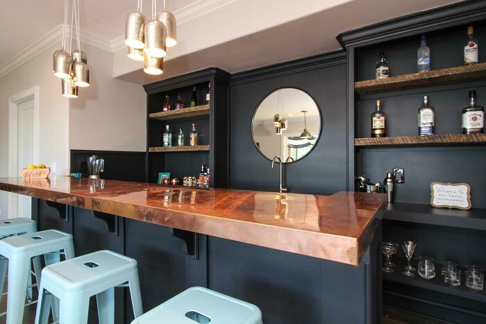 Custom Bar Area By Me - Polished Copper Top, Birch Plywood, Tricorn Black Sw Paint, Rough Poplar Shelves, Liquor - Whatever Was In The Box