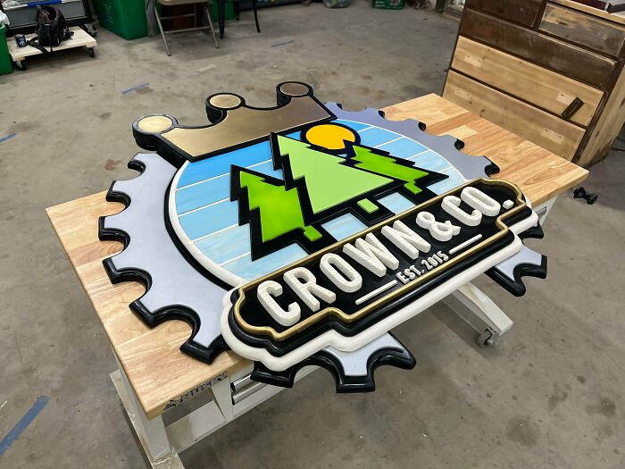 I’m Really Proud How This Sign Turned Out. I Made It All By Hand With No Cnc Machine And It’s Nearly 4’ In Diameter. I Designed The Logo Keeping The Trees Really Simple And Spray Painting Them Using Mdf.i Used Pine For The Background To Draw Out The Vibrant Colors And Keep The Character Of The Grain