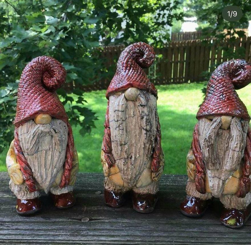 Gnomes By My Dad (Combo Of Hand Building, Slab Roller, Raku Firing, And Clay Booty). 59 Years Old, Started Selling Pieces To Neighbors A Few Years Ago, And Now Does Two Local Art Shows Every Year. Proud Daughter Over Here!
