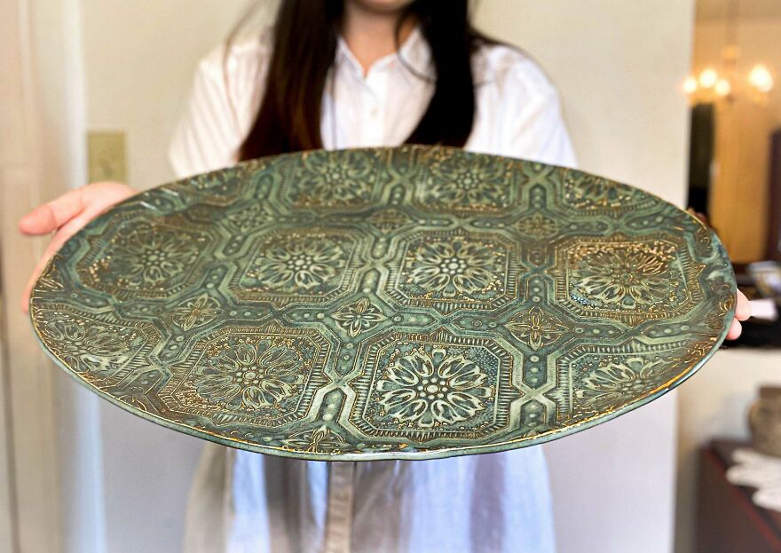 Made A Very Large Textured Platter ❤️❤️❤️ Love How The Glaze Looks More Green In Certain Lighting And Blue Green In Others🥰🥰🥰