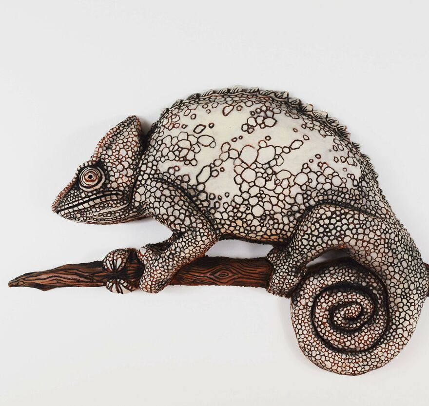 Chameleon After The Final Firing! Red Earthenware, Antique Ivory Underglaze All Over, Black Underglaze In Select Areas