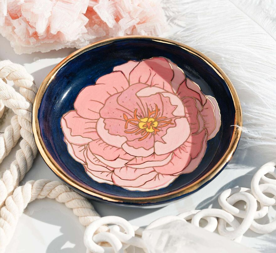 Sketched And Painted This Peony, Finishing It With Gold Luster. All Velvet Underglazes