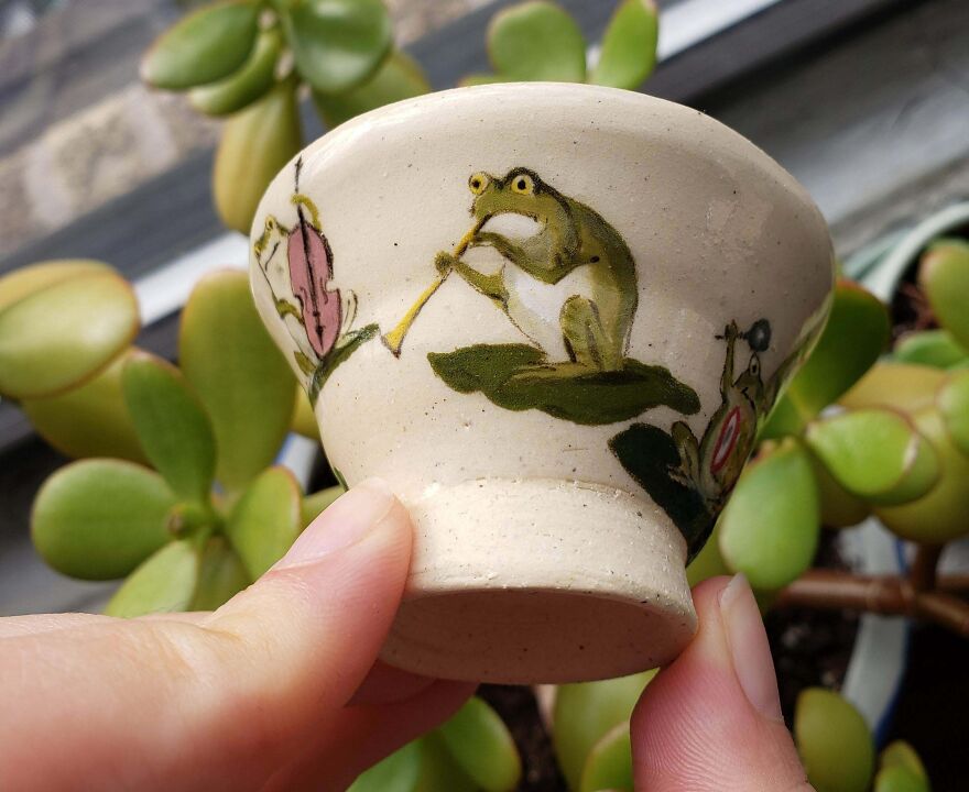 Frog Sake Cup Based On A Vintage Postcard