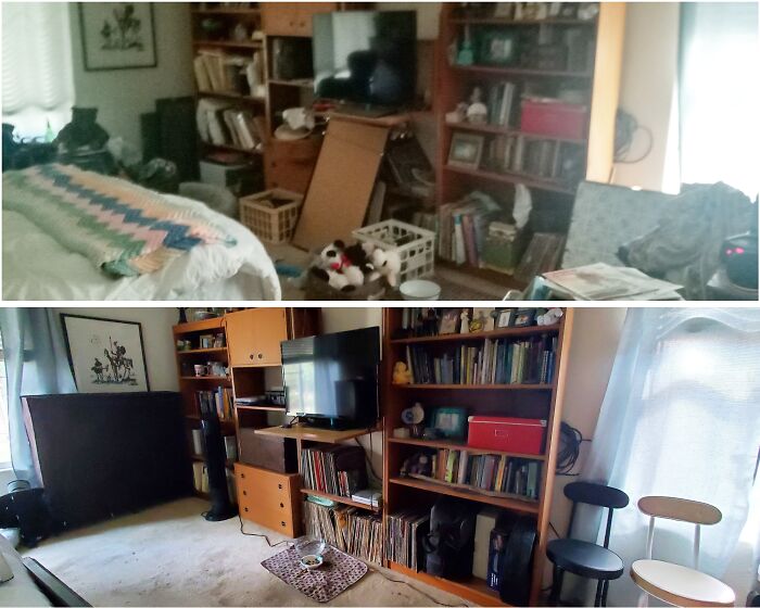 Mi cliente no tenía ayuda para ordenar el desorden de su casa. Aquí tienen nuestro progreso luego de 4 horas: ahora tiene piso