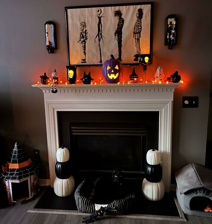 Our Halloween Mantel Complete With Black Cat And All