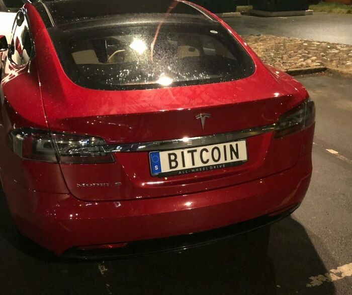 A Tesla With A Bitcoin License Plate
