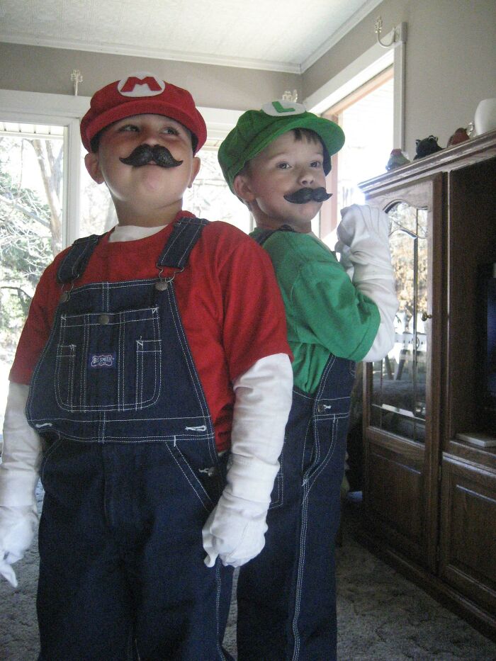 My Son And His Cousin In Their Homemade Mario And Luigi Outfits For Halloween