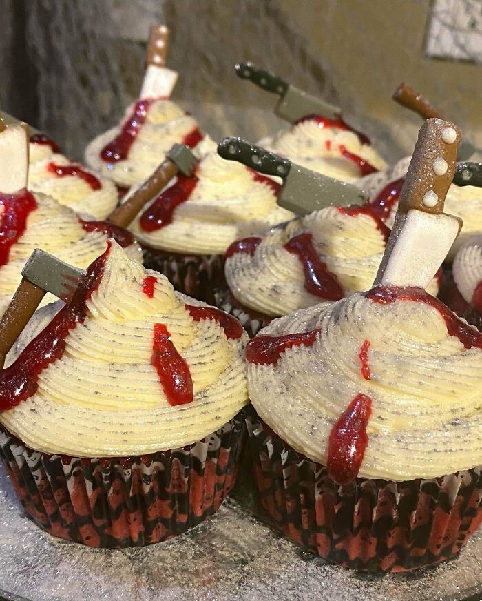 I Made Some Cupcakes. Red Velvet With Cream Cheese Frosting, Sugar Blood, Icing Weapons, And Edible Silver Dust