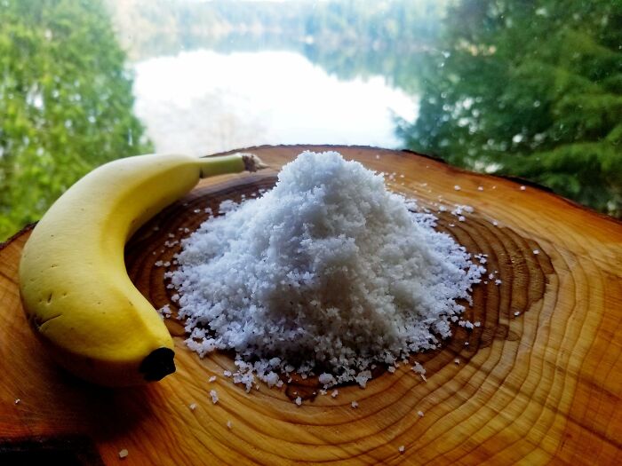 This Is The Amount Of Salt I Got From Rendering Down Just Under 2 Gallons Of Clean Sea Water. Banana For Scale