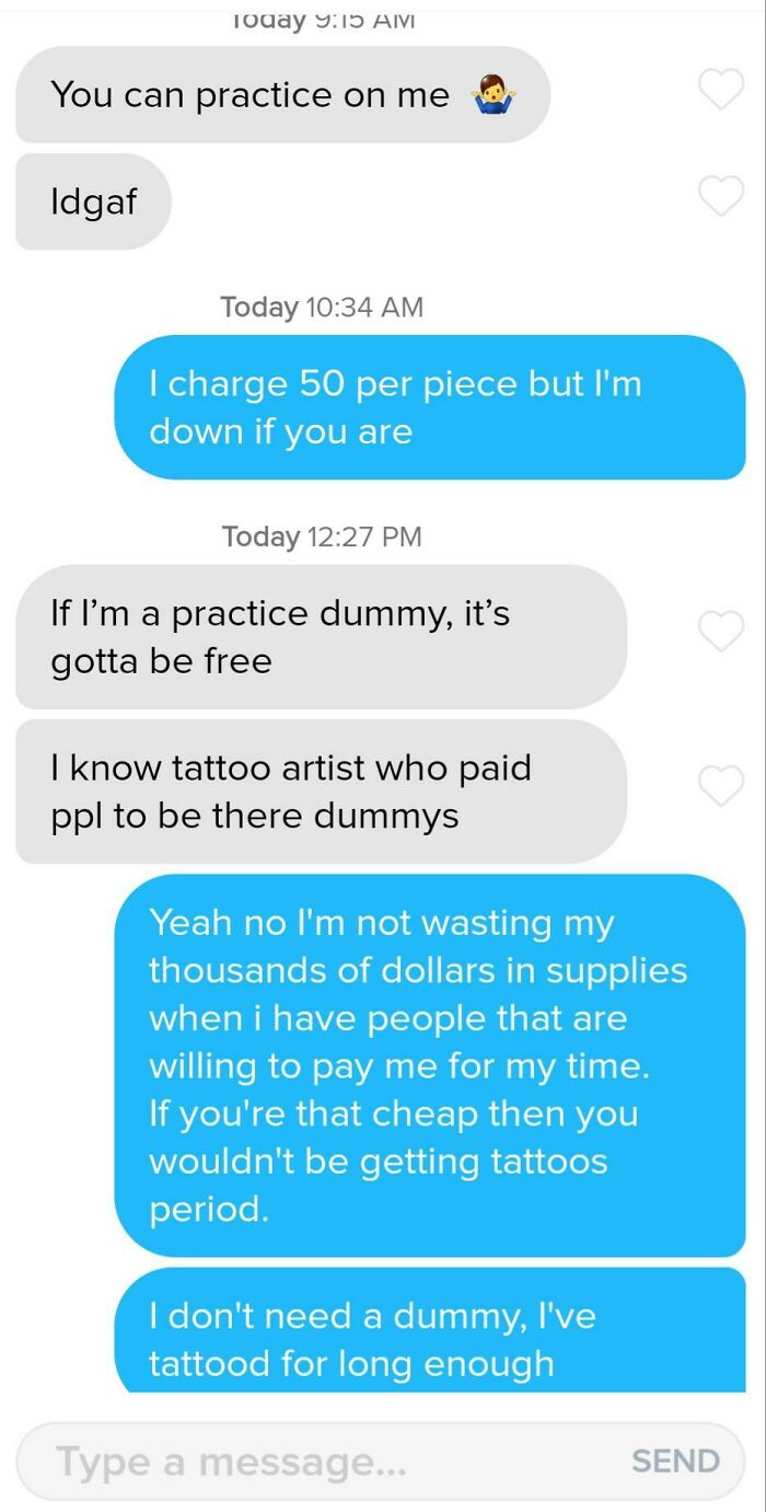 Im A Few Months Into My Tattoo Apprenticeship.. Apparently I Shouldn't State My Job On A Dating Site 