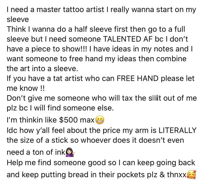 $500 Tattoo Sleeve? I Felt I Needed To Share This Because They Want A “Master Tattoo Artist” But Will Refuse To Pay Someone Adequately Because Their Arm Is The “Size Of A Stick.”