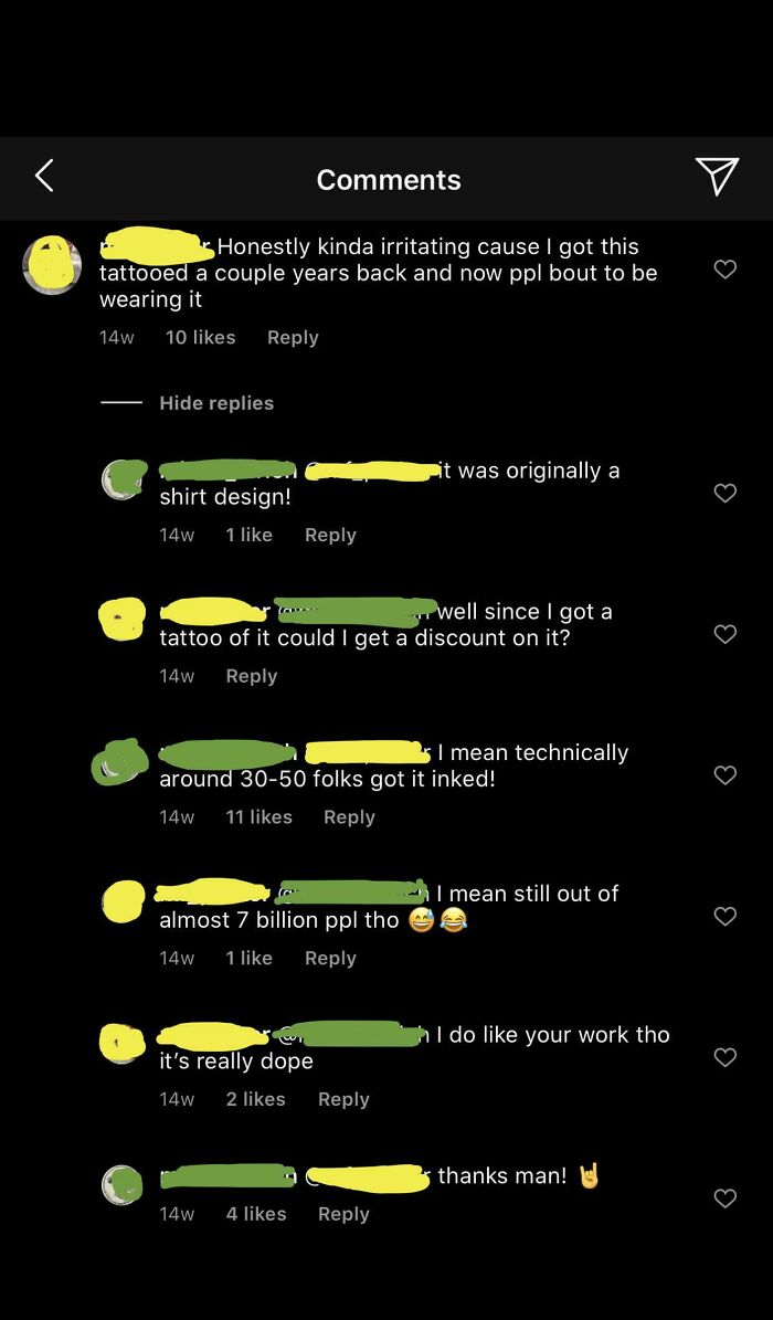 Cb (Yellow) Asks For Discount From Artist (Green) Because He Has A Tattoo With The Same Design