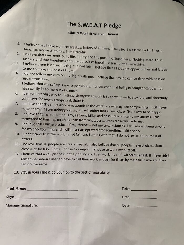 Recent “Sweat Pledge” My Wife Was Asked To Sign Before Employment