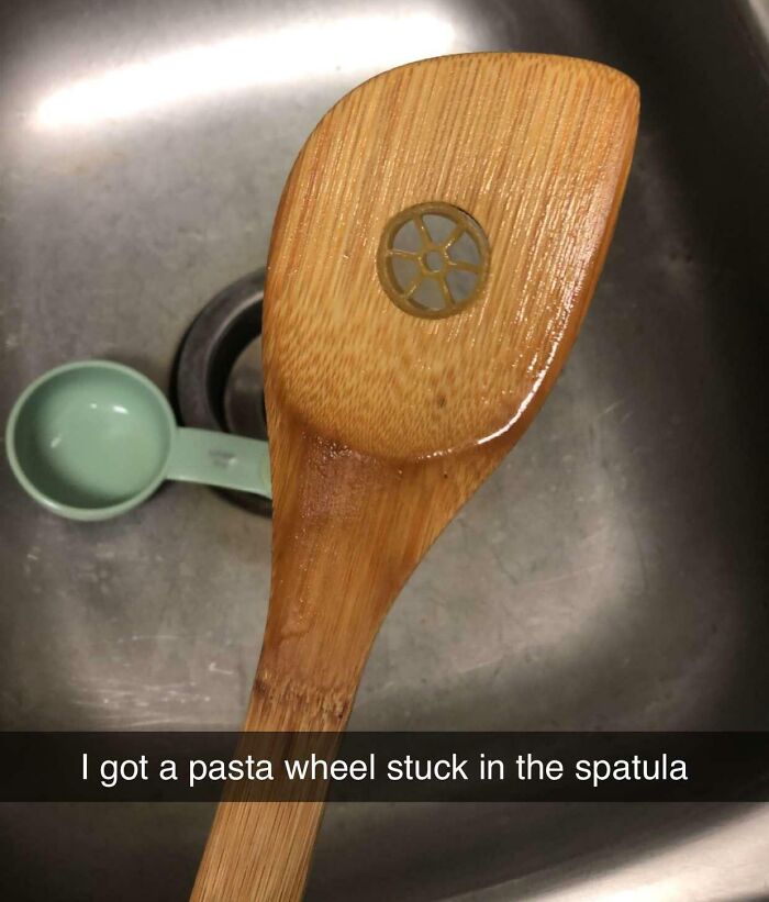 Got This Pasta Wheel Stuck In My Spatula While Making Lunch