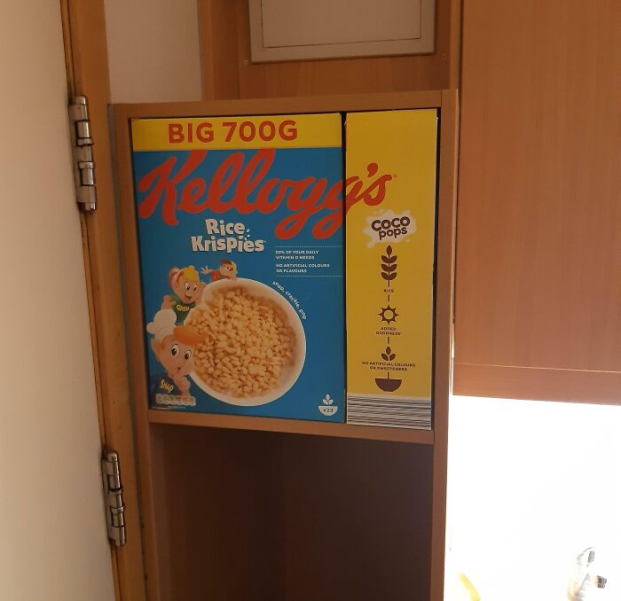 How Perfectly Our Cereal Boxes Fit In This Shelf In Our Dorm